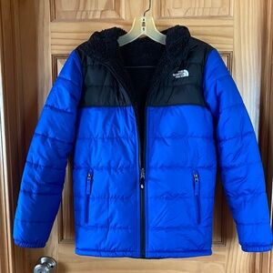 Boys Reversible Hooded Jacket w Royal Blue outside, Black Fleece inside Sz 14-16